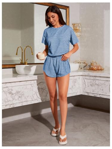 Image of OYOANGLE Womens Pajama Sets 2 Piece Sexy Lounge Sets Summer Cute Pjs Striped Print Tee and Side Split Shorts Set