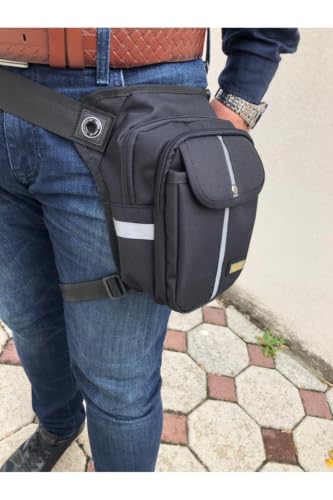 Unisex Siyah Renk Reflektör Desenli Çok Gözlü Motorcu, Bacak ve Çapraz Çanta