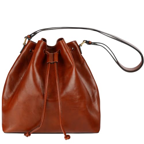 Image of Time Resistance Leather Bucket Bag - Full-Grain Leather Handbag for Women - Italian Handmade Shoulder Bag