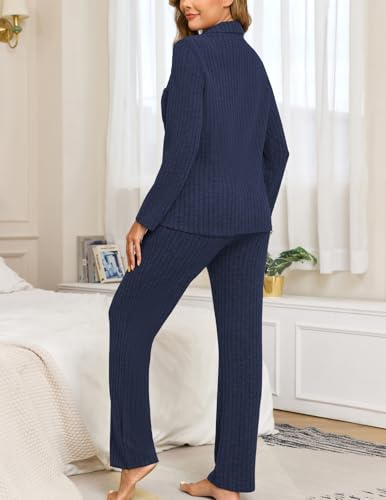 Image of Veseacky Women's Ribbed Knit Pajamas Set 2 Piece Warm Soft Loungewear Sleepwear Pjs S-XXL