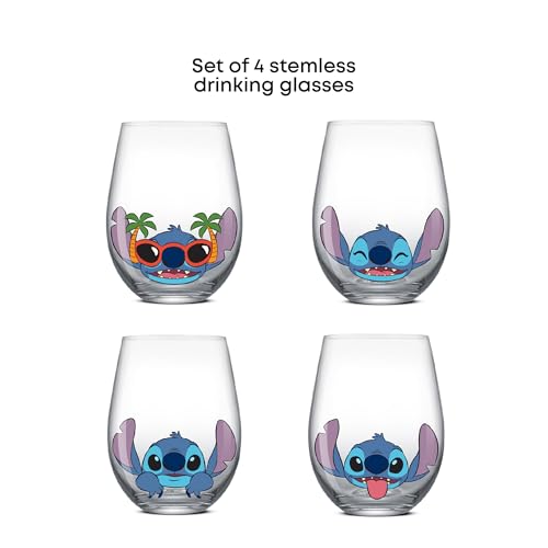 JoyJolt Disney Stitch Silly Sips Stemless Drinking Glasses, 19oz Teardrop Glass Cups, Glass Tumbler Cup Set of 4, Stitch Stuff, Lilo and Stitch Gifts, Disney Gifts for Adults