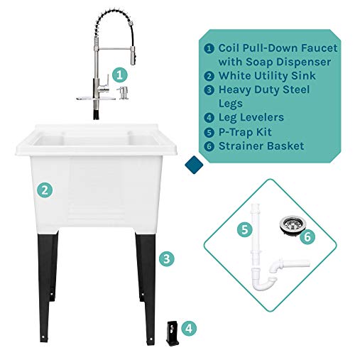 Image of White Utility Sink by JS Jackson Supplies, Tehila Luxe Laundry Tub, Stainless Finish Hi-Arc Coil Faucet, Soap Dispenser