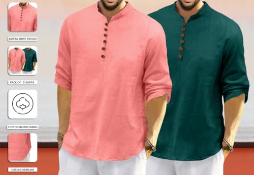 Image of ROYALSCOUT Men's Cotton Polyester Blend Solid Regular Fit Full Sleeve Short Kurta | Ethnic, Lightweight Summer Kurta for Daily & Occasion Use