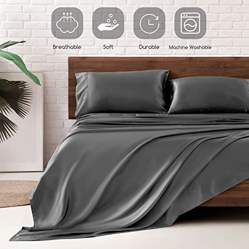 Image of MR&HM Satin Bed Sheets, Queen Size Sheets Set, 4 Pcs Silky Bedding Set with 15 Inches Deep Pocket for Mattress (Queen, Dark Grey)