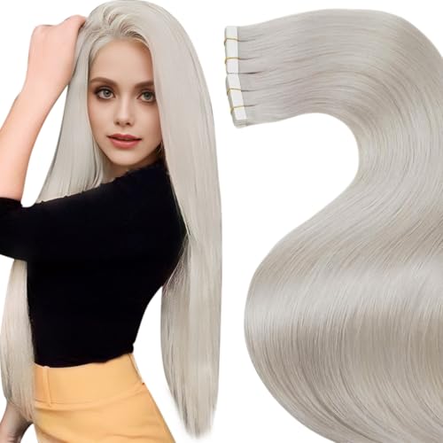 Image of LaaVoo Blonde Tape in Hair Extensions Human Hair 28 Inch Long Invisible Hair Extension Tapes in Platinum Blonde Tape ins Human Hair Extensions for Women 20pcs 50g