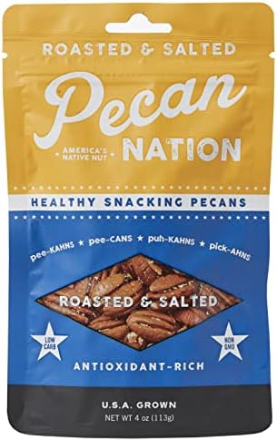 Pecan Nation Salted Pecan Halves 4 oz., Natural, No preservatives, Antioxidant-Rich, Low Carb, Dry Roasted, Healthy Nut Snack for Adults and Kids