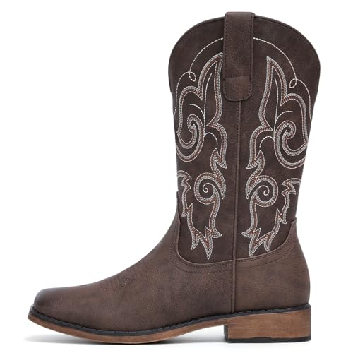 Image of IUV Cowboy Boots For Women Square Toe Cowgirl Wide Mid Calf Western Boots | Comfortable, Pull-on, Colorful Embroidered, Vintage-modern, Stylish for Daily Life and Outdoor Adventures.
