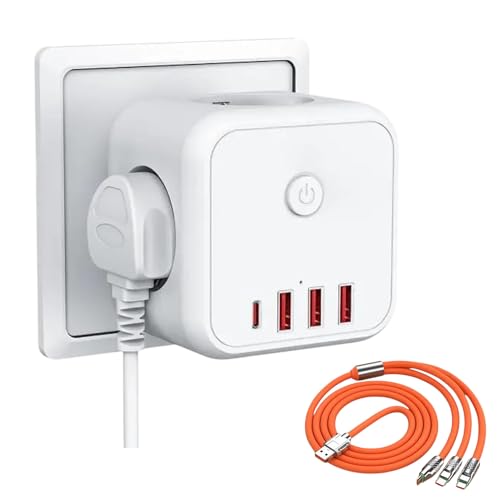 Cubo Enchufe USB 7 en 1 Regleta 4000W con Protección Sobrecarga múltiple con 3 Tomas de Corriente 3 USB y 1 Tipo C Interruptor ON/Off para Oficina y Hogar + Cargador Rápido 3 en 1 de Regalo (Naranja)