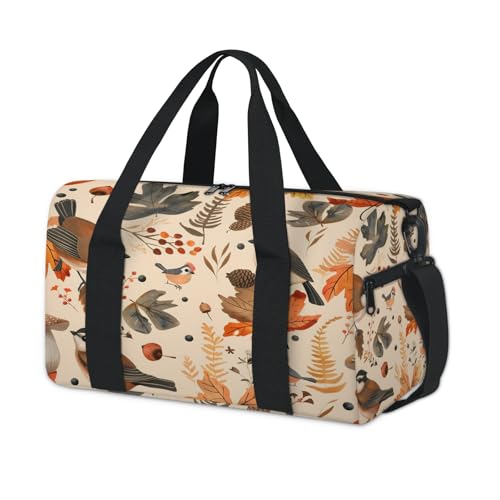 Autumn Birds Maple Leaves Berries Gym Bag for Women, Duffle Bag for Travel Sport, Lightweight Waterproof Carry on Weekender Dance Yoga Workout Bags