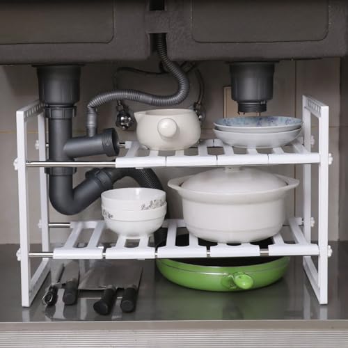 Organizador bajo fregadero SUNGOOYUE, estante retráctil de doble capa en acero inoxidable, estante ajustable para gabinete con alta capacidad para cocina y baño miniatura 4