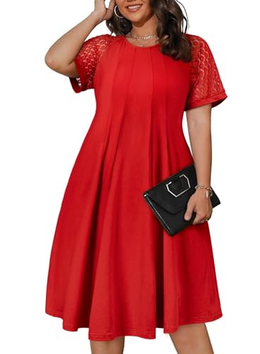 Eytino Womens Plus Size Dress Lace Short Sleeve Crewneck Casual Pleated Swing Midi Dresses with Pockets(1X-5X)