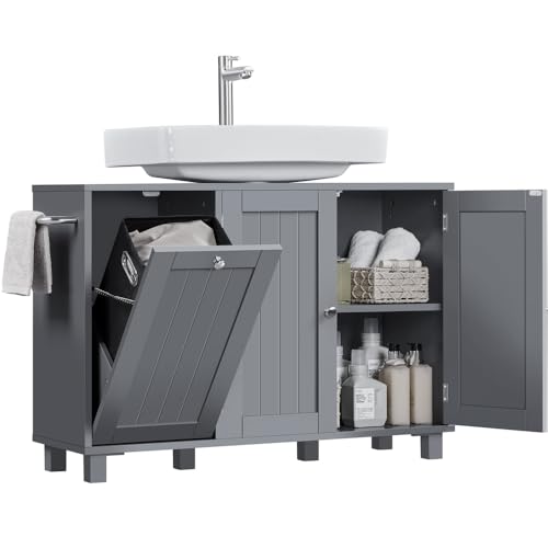 Yaheetech Meuble Salle de Bain avec Panier à Linge Intégré, Meuble sous Lavabo avec Panier à Linge Intégré, Porte-Serviettes Ajustable, Étagères Réglables, 90...