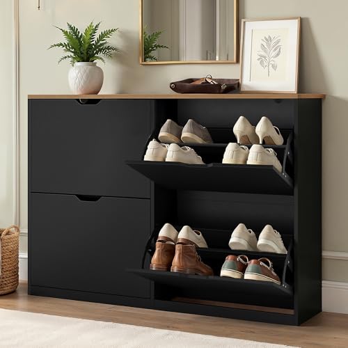 LUE BONA Shoe Cabinet with 4 Flip Drawers 23cm Slim Large Shoe Storage Unit for Entryway Freestanding Corridor Cupboard with Adjustable Shelves Black 110x23x80cm