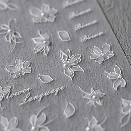 JMEOWIO 3D Nagelsticker Weiße Blumen Nail Art Sticker Selbstklebend Nagelaufkleber 5D Stereoskopisch Dekoration Nageldesign Zubehör 1 Blatt