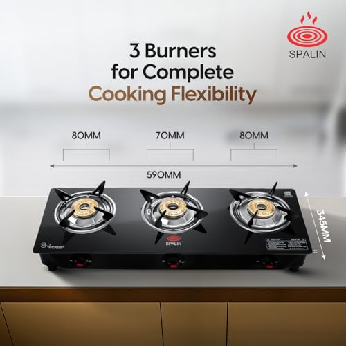 Image of 3 Burner Glass Top Gas Stove | Manual Ignition | Crystal Toughened Glass | ISI Certified | High Efficiency Burners | Durable & Easy Clean Kitchen Gas Stove