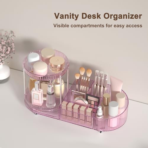 Image of 360 Rotating Vanity Makeup Organizer, 2 Small Trays & 5 Compartments for Cosmetics, Skincare, Perfume, Lipstick & Make up Brushes Holder, Dresser Countertop Organizers and Storage for Bathroom, Desk