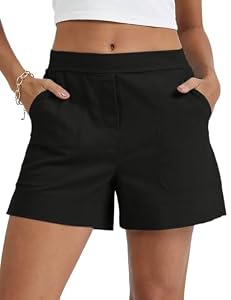 Rapbin Damen Shorts Schwarz Leinen Mix Kurz Hose mit Taschen Weites Bein Elegante Sommerhose für Urlaub und Alltag M
