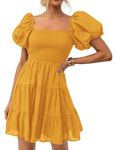 Image of ZESICA Women's Boho 2026 Summer Square Neck Puff Sleeve Off Shoulder Smocked Tiered Casual A Line Short Mini Dress