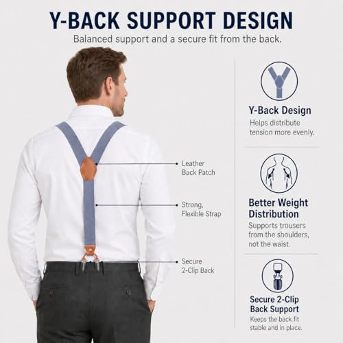 Image of Men's Heavy Duty Y-Back Suspenders, 6 Strong Metal Clips Adjustable Elastic Straps for Work, Tuxedos, and Daily Wear