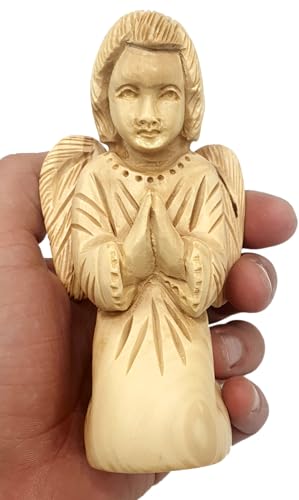 Zuluf Figura de ángel rezando de madera de olivo de 4.9 pulgadas, escultura de ángel de la guarda hecha a mano, regalo de condolencias para mujeres, adorno de decoración del hogar (ANG010)