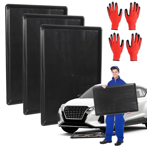EMTMOUN 3-Pack Oil Drip Pan for Under Car(35.4 x 24 x 1.6 Inch) with Two Pairs of Gloves, Large Leak-Proof Drip Pan for Car Oil Changes, Engine Maintenance, Pet Cleaning, and Home Appliance Repair