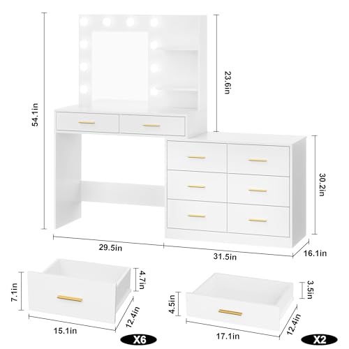 61" Make Up Vanity Desk with Mirror and Lights, White Vanity with 8 Wide Storage Drawers & 2 Tier Shelves, 3 Lighting Modes with Adjustable Brightness for Bedroom