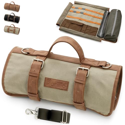 Barillio Bartender Bag (Without Tools) - Stylish, Waxed Canvas, Roll Up Traveling Bar Bag for Carrying Bar Tools and Cocktail Shaker Set with Shoulder Strap - Portable Travel Bartending Roll
