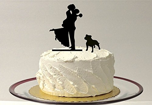 WITH DOG Wedding Cake Topper Silhouette Groom Lifting Up Bride Wedding Cake Topper Bride + Groom + Dog Bulldog PitBull American Bulldog, Silhouette Cake Topper