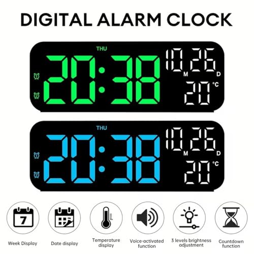 Image of EASEPRES Digital Table Clock with Large Display,Power Cable Operation with Battery Backup, Dual Alarm, Date Day & Indoor Temperature, 12 /24 Hour Format, for Bedroom, Table, Home (Green, 7 inch)
