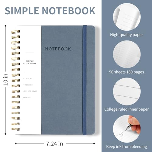 Image of Spiral Notebook - 7.24 inch x 10 inch College Ruled Journal with Inner Pockets and 180 Pages, PU Leather Cover Business Journal, Twin-Wire Binding Notebook Perfect for Office & Home School Supplies ReefBlue
