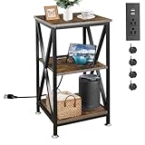 Square End Table with Charging Station, 3-Tier End Table Living Room, 16' D X 16' W X 28' H, Wood and Metal Table with USB Ports and Outlets, Side Table with Wheels for Living Room, Bedroom, Kitchen