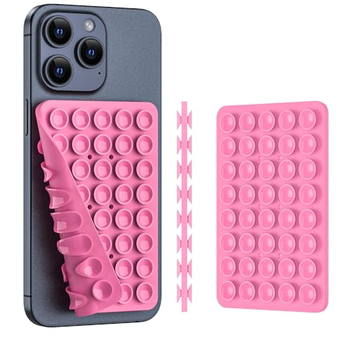 Image of Double Sided Silicone Suction Phone Holder Mount, Silicon Accessory for iPhone and Android, Hands-Free Mirror Shower Phone Holder, TikTok Videos and Selfies (Pink+White)