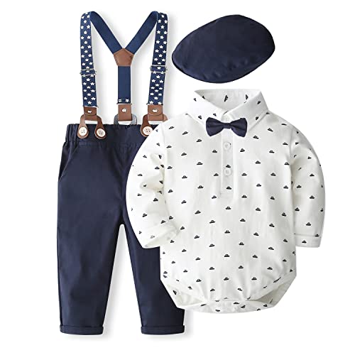 Image of SALNIER Baby Boy Dress Suit Clothes Sets Infant Tuxedo Gentleman Suits Outfits Bowtie Shirt Suspenders Pants Beret Hat