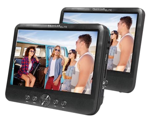 PROSCAN Elite   Reproductor de DVD portátil de 10.1 pulgadas, 2 pantallas con soporte para reposacabezas, adaptador de coche/CA, dos reproductores de DVD