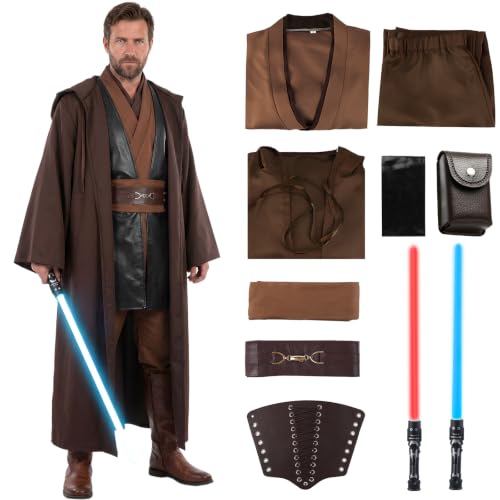 Image of Aitsite Je-d Costume Adult, Tunic Hooded with Blue/Red Lightsaber Robes Fancy Dress Costume Medieval Friar Hooded,Carnival Halloween Cosplay Costume for Adult Men（Brown+Black,XL）