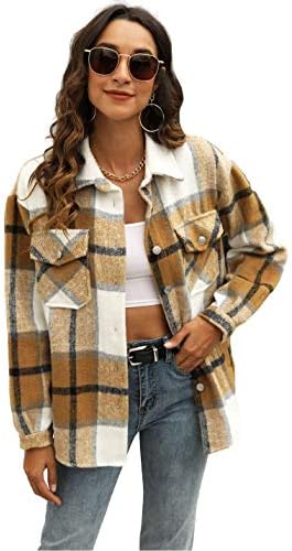 UANEO Womens Plaid Shacket Button Down Wool Blend Fall Flannel Shirt Jacket (Khaki-S)