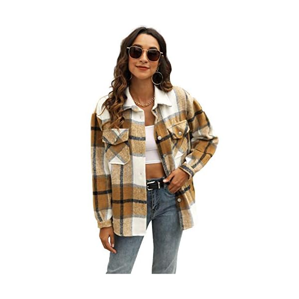 UANEO-Womens-Casual-Plaid-Wool-Blend-Button-Down-Long-Sleeve-Shirt-Jacket-Shackets UANEO Womens Plaid Shacket Button Down Wool Blend Fall Flannel Shirt Jacket (Khaki-M)