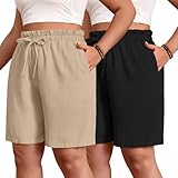 Evervibe 2 Pack Women's Casual Linen Shorts Bermuda Plus Size L-5xl Knee Length High Waist Summer Shorts with Pockets(Black, Khaki,4X-Large)