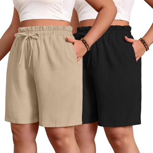 Evervibe 2 Pack Women's Casual Linen Shorts Bermuda Plus Size L-5xl Cotton Knee Length High Waist Summer Shorts with Pockets(Black, Khaki,4X-Large)