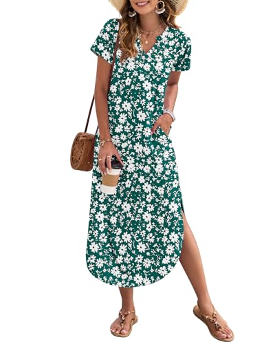 Image of MISFAY Women's Summer Maxi Dress 2026 Casual Short Sleeves V Neck Loose Sundress Split Long Beach T Shirt Dress
