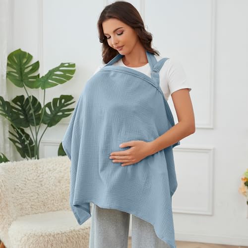 Image of Muslin Nursing Cover for Breastfeeding, Breathable 100% Cotton Privacy Nursing Covers with Rigid Hoop for Mother Nursing Apron (Light Blue)