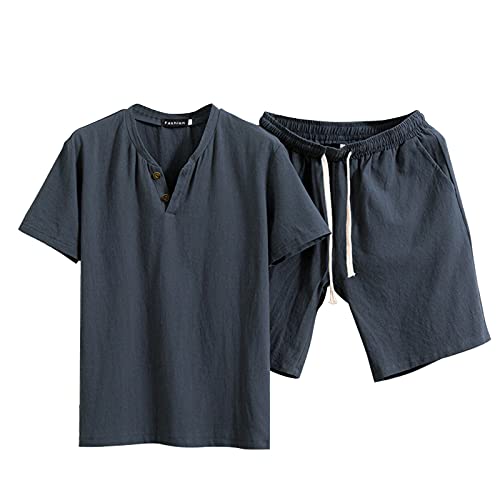 Dinnesis Ropa casual para hombre Conjunto de camiseta de verano Simple Color sólido Pantalones cortos de manga corta de algodón y lino Traje de dos piezas Ligero Transpirable Chándal Elástico