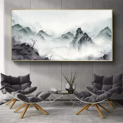 Tableau abstrait grande taille encre de chine, décoration murale haut de gamme 80x160 cm