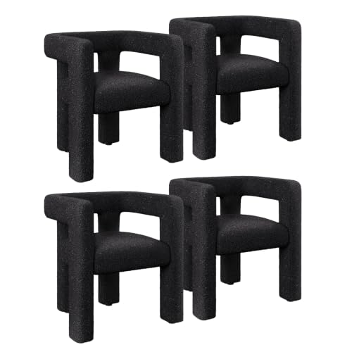 Image of BELLEZE Modern Boucle Barrel Dining Chair Set of 4, Upholstered Linen Kitchen Boucle Armchair with Sidearms and Back, for Dining Room Living Room- Black