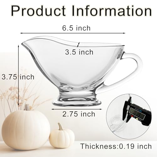 Nexboraque 2 Pack 12 oz Glass Gravy Boat, Clear Gravy Bowl with Smooth Handle, Sauce Boat for Salad Dressings, Dining, Holiday Meals, Parties, Thanksgiving, Christmas, Dishwasher Safe