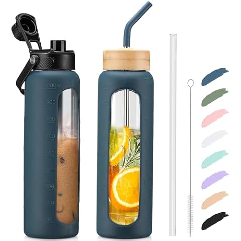 Kodrine 32oz Glass Water Bottle with Straw, Glass Drinking Bottle with 2 lids-Bamboo and Spout Lid, Leakproof Daily Water Intake Bottle with Time Marker for Home,Outdoor Sports, BPA free, Navy Blue Cover