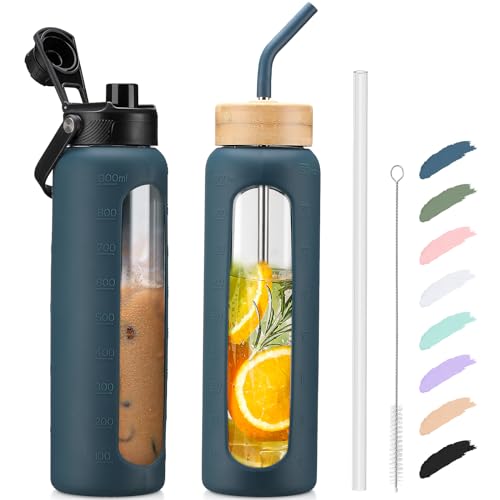 Kodrine 32oz Glass Water Bottle with Straw, Glass Drinking Bottle with 2 lids-Bamboo and Spout Lid, Leakproof Daily Water Intake Bottle with Time Marker for Home,Outdoor Sports, BPA free, Navy Blue