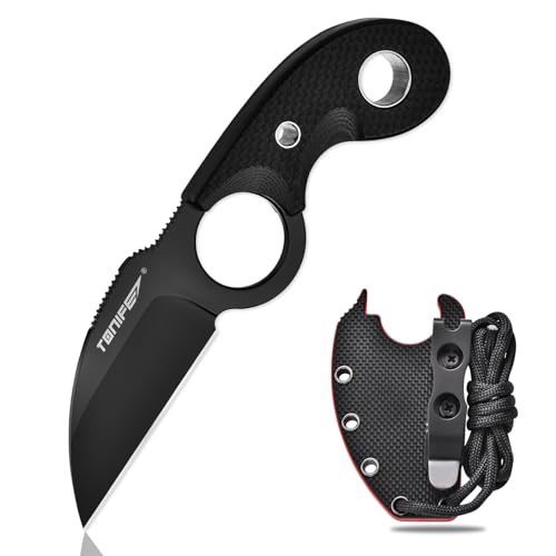 TONIFE Crescent Cuchillo de Cuello Cuchillo al Aire Libre de Hoja Fija 8Cr14MoV Acero con Funda de Cordón y el Clip de Full Tang Cuchillo de Supervivencia (Negro+Negro Titanio)