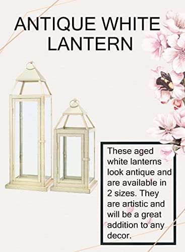 Serene Spaces Living Large Antique White Square Metal Lantern, Candle Holder, Decorative Hurricane Lantern For Wedding Aisle, Patio, Holiday, Party, Table Centerpiece, 8" Square & 24" Tall #TOP4