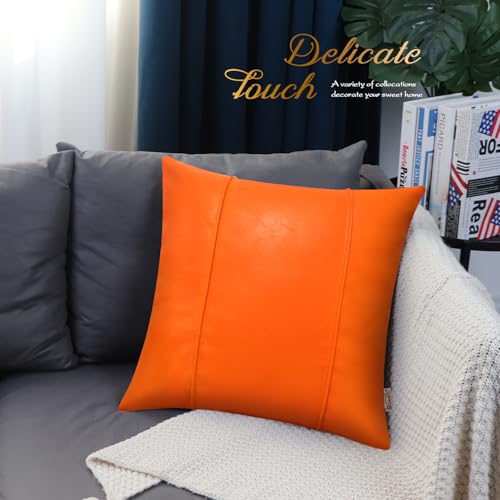 Image of BRAWARM Orange Leather Throw Pillow Covers 18 X 18 Inches - Faux Leather Pillow Cover with Piping, Hand Stitched Leather Throw Pillow for Couch Sofa Bed Living Room Home Decorative